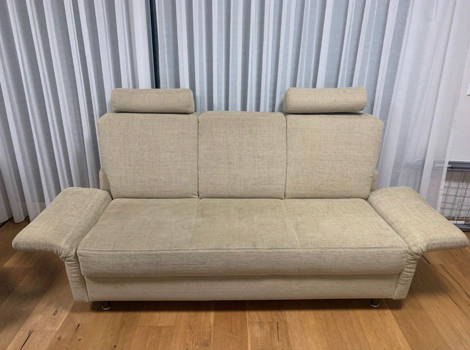 Canapea 3 locuri + fotoliu recliner rotativ,material textil crem