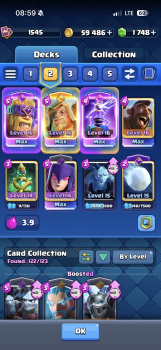 Clash Royale 11.5к | 122/123 карты | 1748 гемов | Max карты