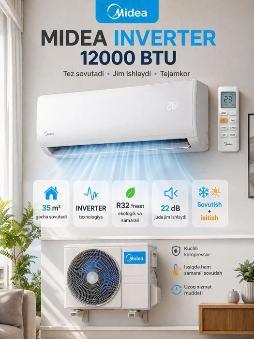 Midea Кондиционер 12 | 35 м² | Инвертор 10 йил кафолат