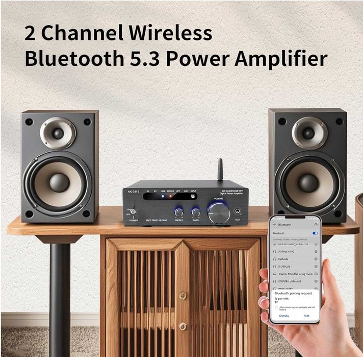 HiFi Amplifier, 2000W Mini HiFi Amplifier, 2.0 Channel 100W*2 Bluetooth 5.3 Stereo Audio Amplifier with TPA3116 Chip