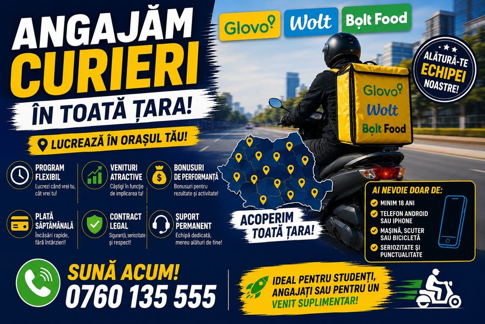 Locuri de munca curieri Bolt Food Glovo Wolt, angajam livratori, colaborare rapida, program flexibil |  Iasi