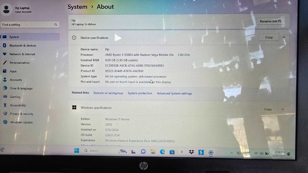 Лаптоп HP 15-db1062nl / AMD ryzen 3 / 8 RAM / SSD 128 +1TB HDD /