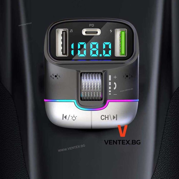 Bluetooth 5.4 FM трансмитер за кола с USB порт и бързо зареждане