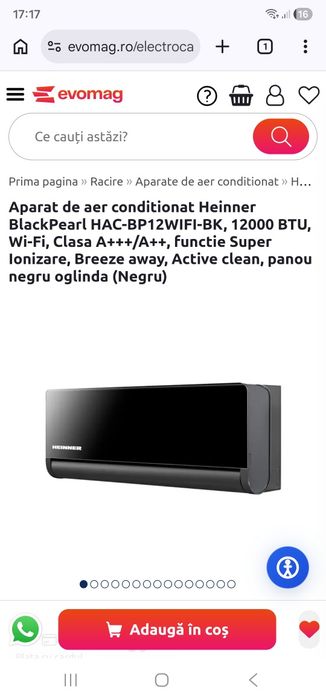 Aparat de aer conditionat Heinner BlackPearl HAC-BP12WIFI-BK, 12000 BTU, Wi-Fi, Clasa A+++/A++, functie Super Ionizare, Breeze away, Active clean