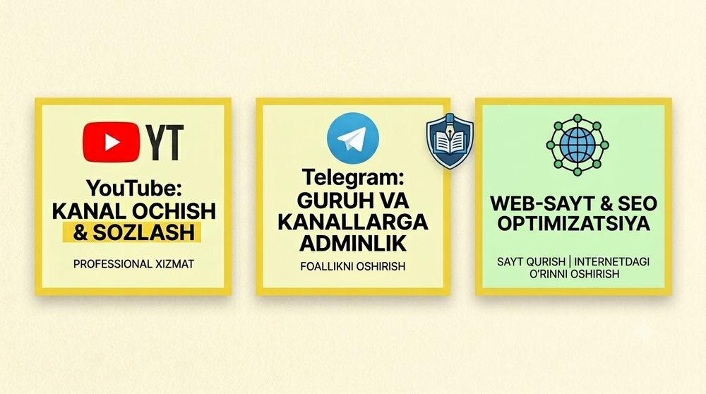 SMM va YouTube xizmatlari / Telegram Admin / Logistika / Dizayn
​YouTu