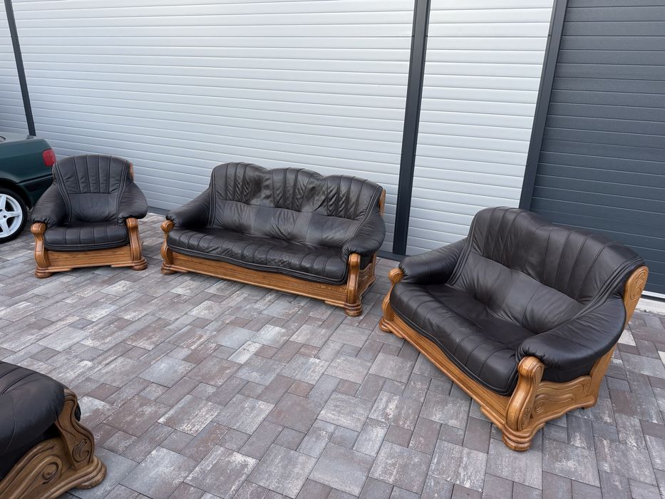 Set canapea canapele 3 - 2 - 1 - 1 Lemn Masiv + PIELE Naturala Rustic