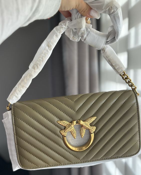 Чанта Pinko Love Click Baguette Mini Chervon маслинено зелена