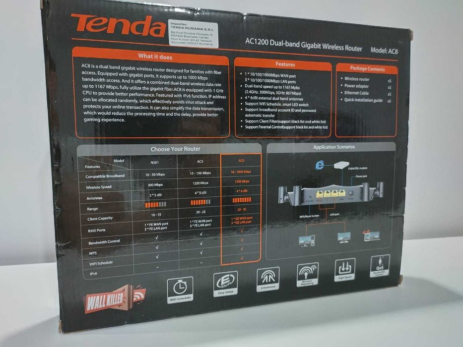 Router Wireless TENDA AC1200 Dual Band 300 + 867 Mbps Gigabit AC8