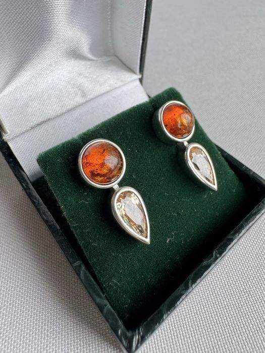 Cercei din argint, chihlimbar si zircon