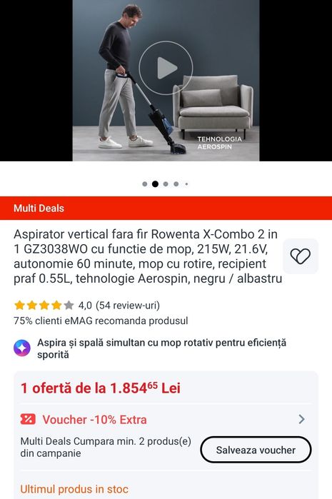 Aspirator Rowenta Nou 2 in 1 fara fir