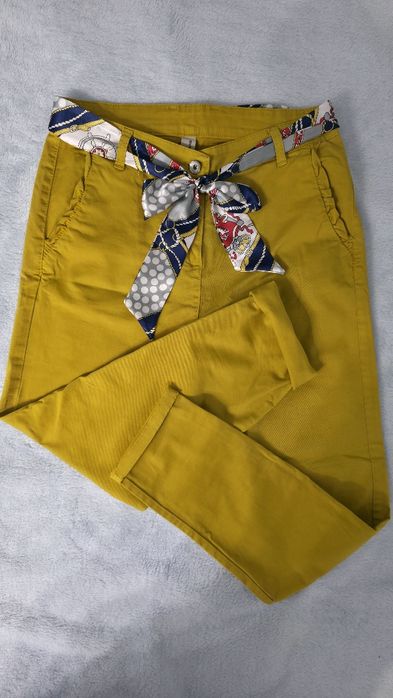 Pantaloni chino damă, galben mustar, curea satinata, marimea M