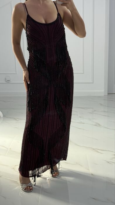 Rochie Eleganta burgundiu cu franjuri din margele negre