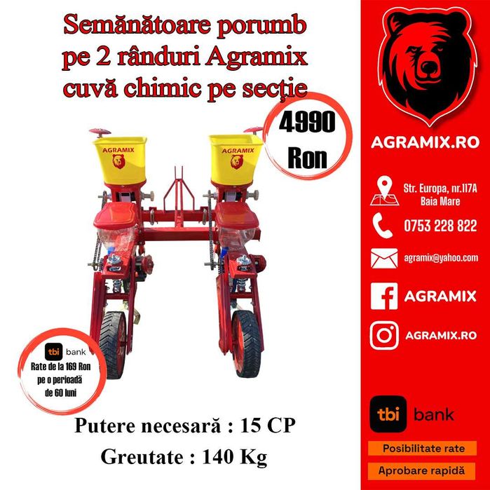 Semanatoare porumb 2 rand Agramix cuva chimic pe sectie
