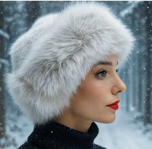 Дамска пухкава зимна шапка от луксозен изкуствен косъм