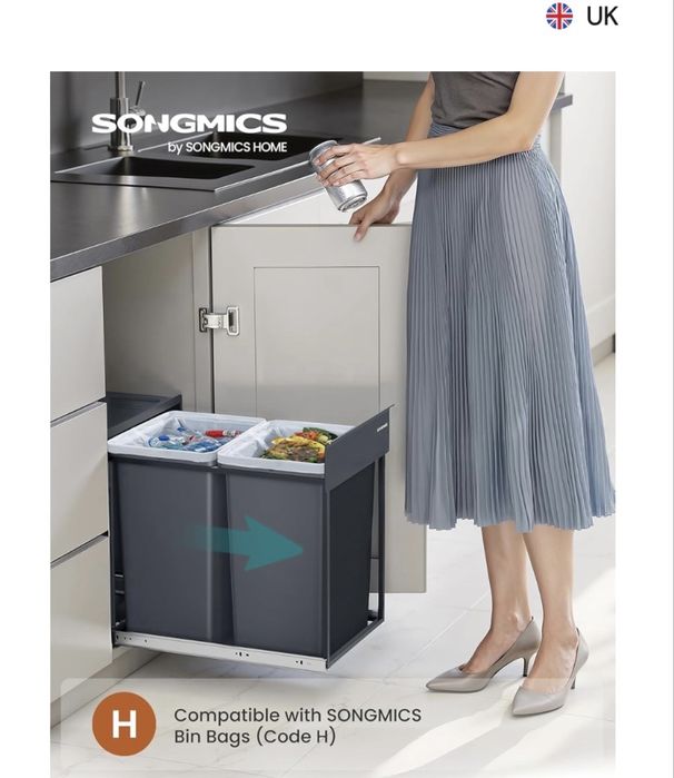 Кухненски кош за вграждане SONGMICS, 2x20L , Двойни отделения, Плавно издърпващ се дизайн, Стоманена
