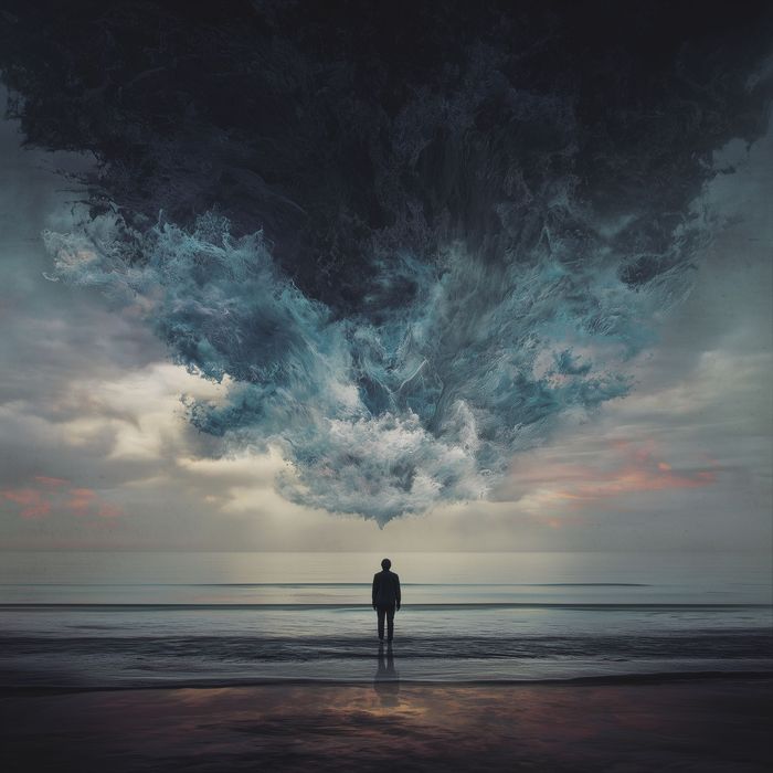 Tablou canvas Neclintit, om pe plajă sub furtună, artă surrealistă, 60×60 - 100×100 cm