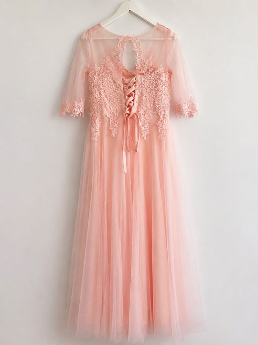 Rochie elegantă roz pudrat S/M, dantelă, nuntă, botez, cununie