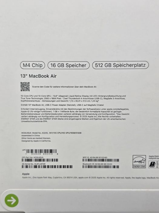 MacBook Air 13", Apple M4, 16gb Ram, 512 SSD, Garantie, Sigilat