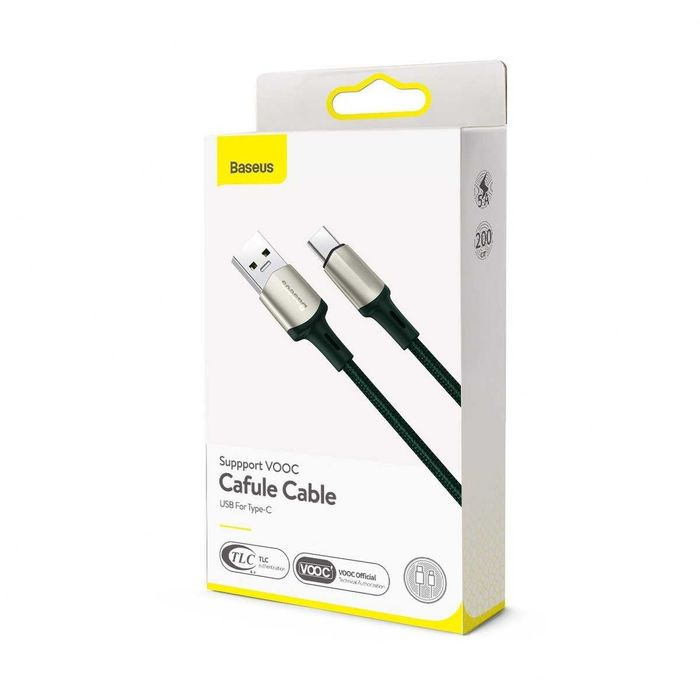Cablu Baseus Cafule, USB/USB Type-C, VOOC, Quick Charge 5A, 2m, Verde
