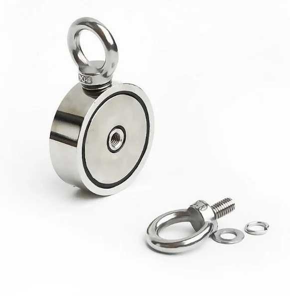 Magnet neodim oală D 75 mm cu două cârlige inelare și două fețe 200kg