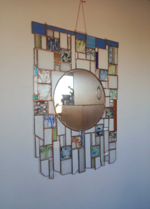 Огледало - Витраж в синьо и бяло