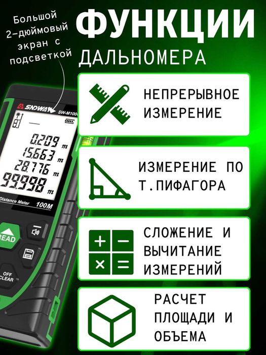 Дальномер лазерный SNDWAY SW-M50G/100G 50/100 метров. Зеленый луч.