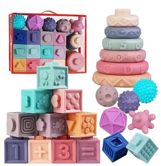 Set Cuburi Senzoriale pt Bebelusi, Cauciuc Moale, 24 Piese, 10 luni+
