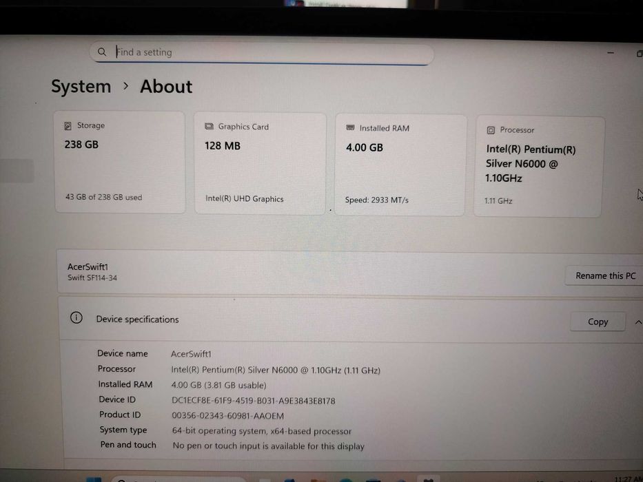 Acer Swift 1  Intel Pentium Silver N6000 4GB RAM