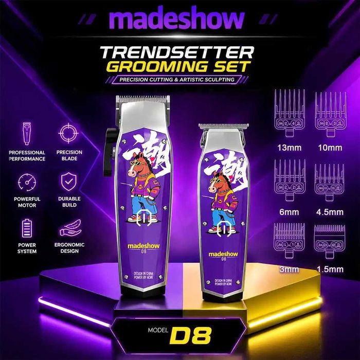 Професионален фризьорски барбер комплект Madeshow D8 2026 – клипер за Fade преливки и T-Blade контурен тример