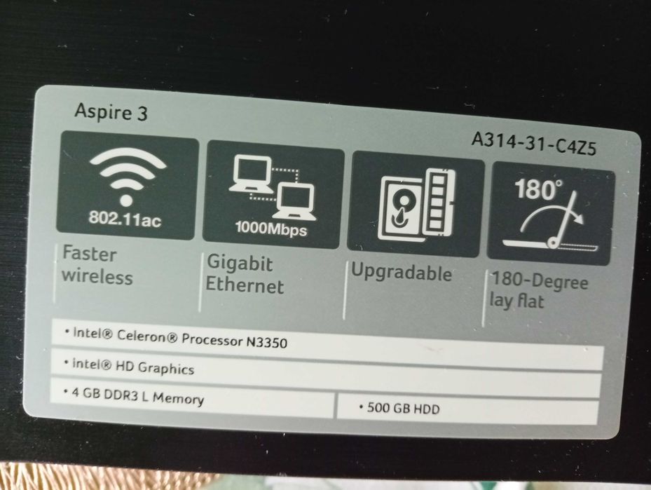 Laptop 14"Acer Aspire 3, Wi-Fi, 500 GB, 4 GB DDR3, SD, cooler, Windows