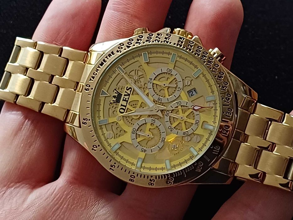 OLEVS Хронограф Многофункция Кварц,Скелет, Hollow Out,HD Светещ,3 АТМ