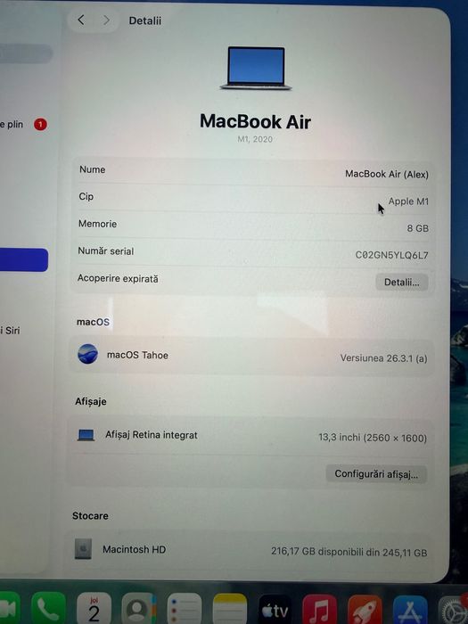 Vând schimb MacBook Air M1, achiziție 12/2021, factura EMag, impecabil.