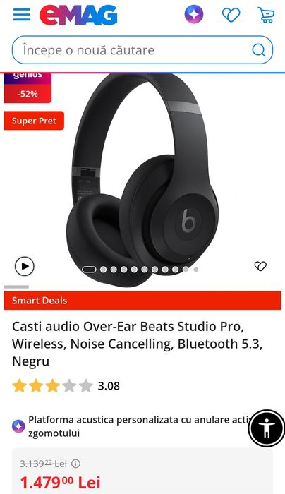 Casti audio Over-Ear Beats Studio Pro, Wireless, Noise Cancelling, Bluetooth 5.3, Negru, SIGILAT