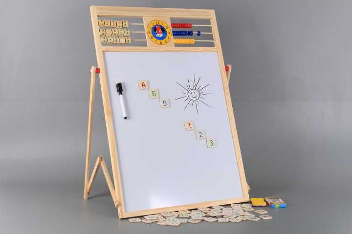 Детска дъска дървена Магнитна на стойка + СМЕТАЛО + ЧАСОВНИК български