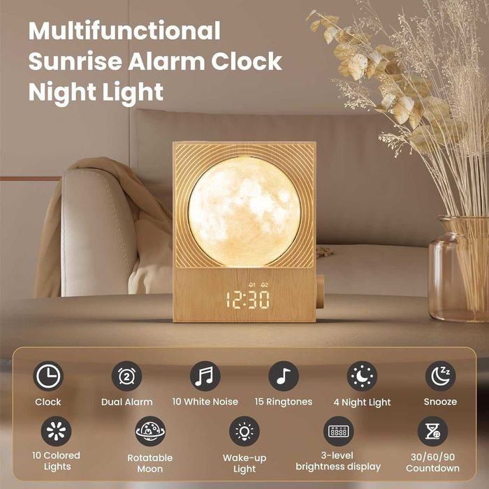 Lampa Luna Rotativa cu Alarma Sunrise Ceas Digital RGB Sunete Natura