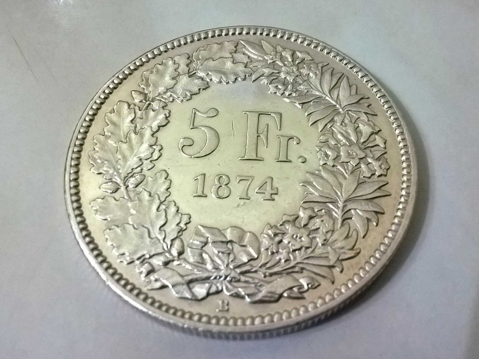 5 Francs 1874 Helvetia moneda elvetia argint 900 colectie vintage