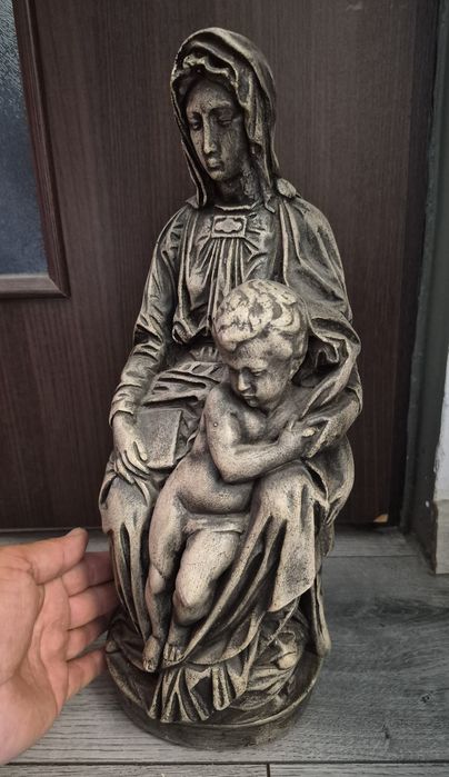 Statuetă deosebită Michelangelo Buonarrati Madonna Fecioara Maria cu Pruncul Iisus Sedes Sapientiae din ceramică fină, din anii 1950.