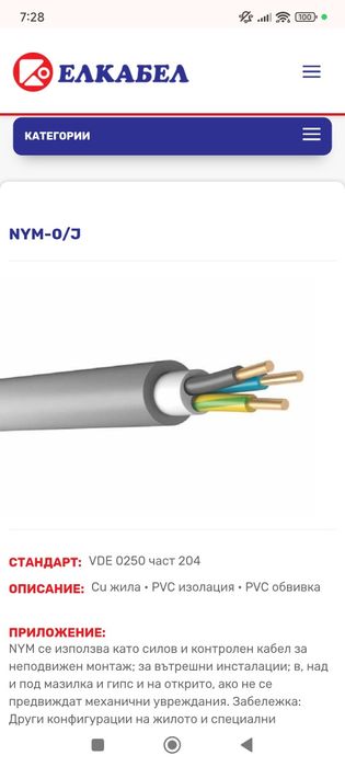 Кабел NYM. /СВТ /
3×1.5 - 130лв
3×2.5- 190лв
3×4 - 290лв
Описание: Cu