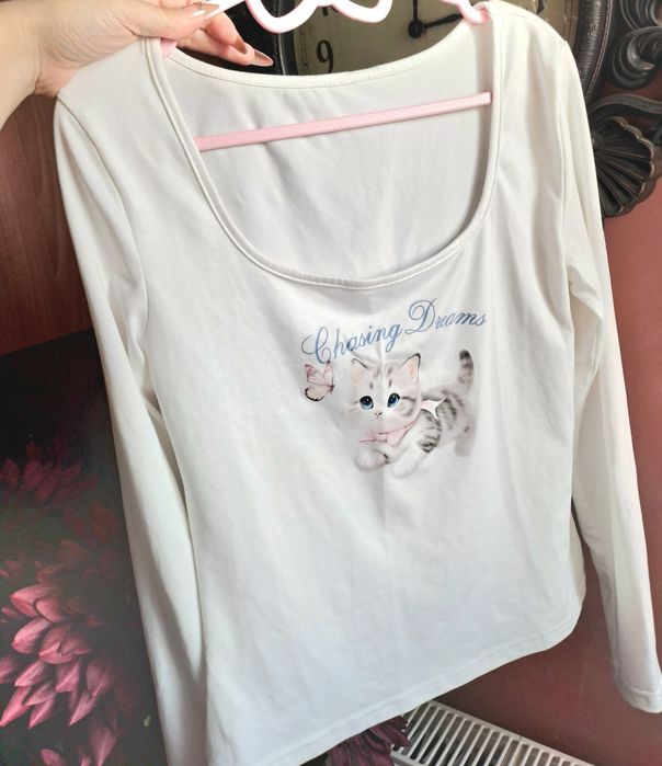 Bluza alba damă cu pisicuța bluza XL