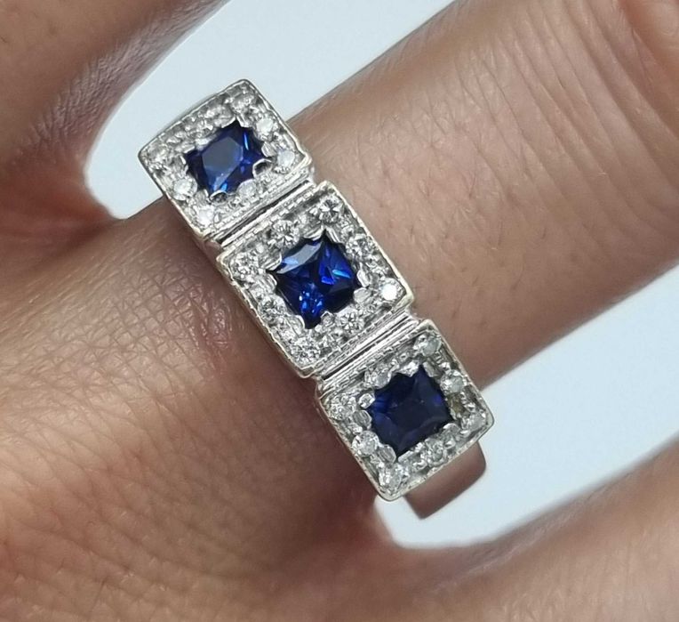 Splendid inel vintage din aur alb 18 k, diamante si safire naturale