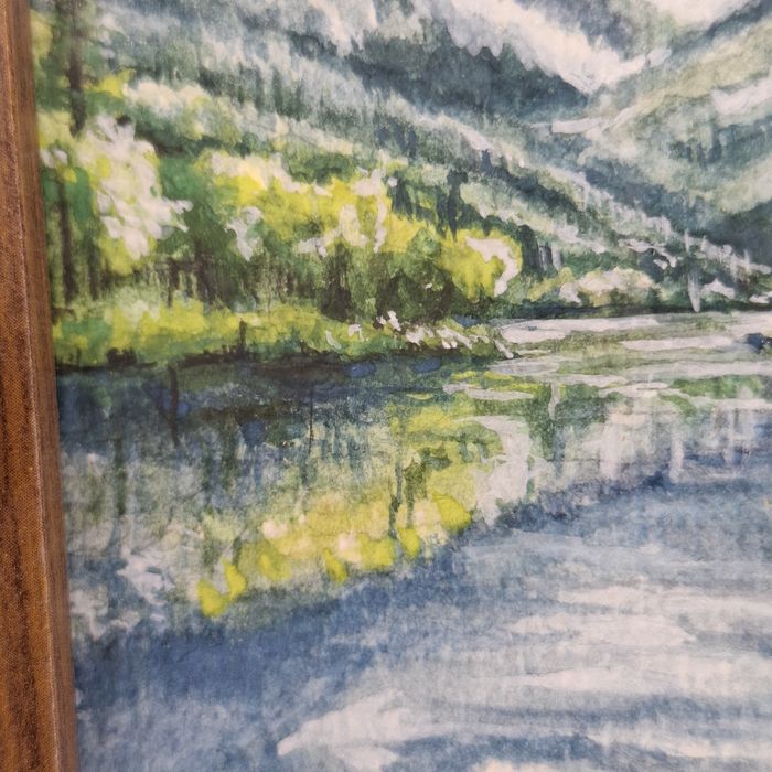Tablou Acuarelă - Vale Montană și Râu - Pictură Originală - Ramă Lemn Natur