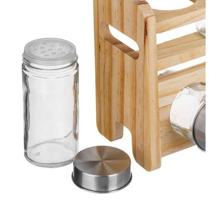 Дървена поставка за подправки Mercado Trade, с 8 стъклени буркана