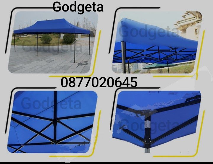 Шатри 3×3 3×4,5 3×6. Подсилена с непромокаемо покривало и страници.