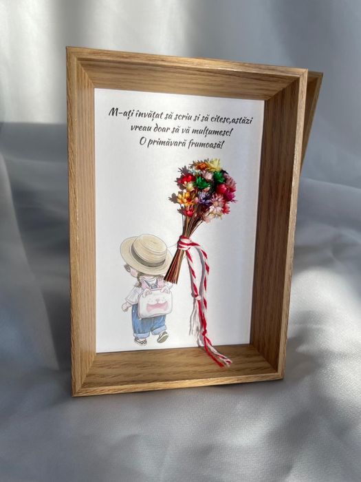 Rama decorata cu flori uscate si mesaj