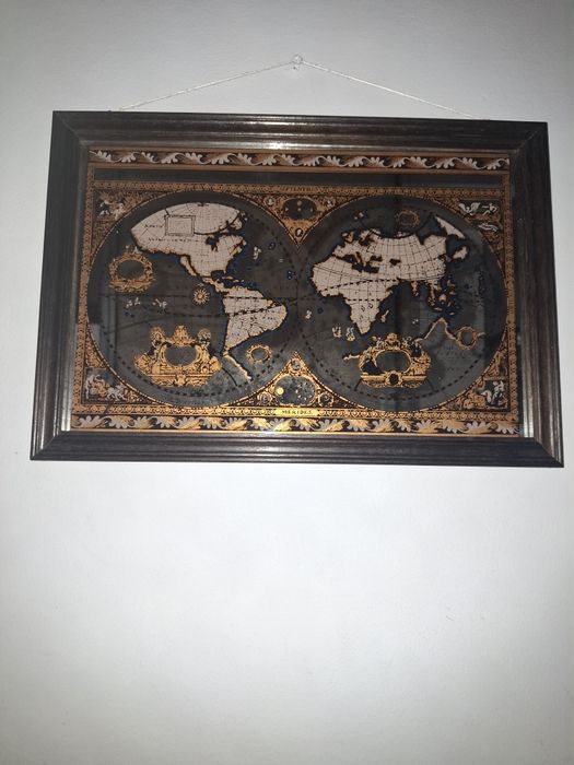 Tablou decorativ pe sticlă/oglindă – Hartă veche a lumii, ramă din lem