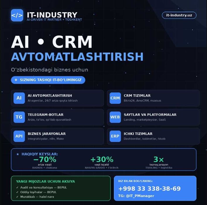 Biznes uchun AI, avtomatlashtirish va CRM | Saytlar, botlar, CRM