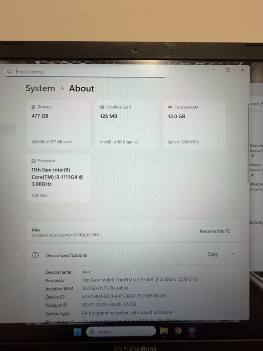 Asus Vivobook 15 , 12GB Ram, I3 gen11, Ssd 500GB
