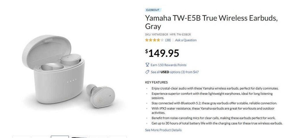 Слушалки за поставяне в ушите Yamaha TW-E5B ,безжични