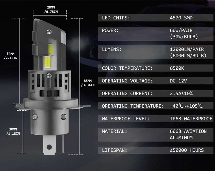 60W LED Мини Диодни крушки H4 12V - 6500K