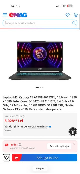 Laptop MSI Cyborg 15 A13VE / i5 - 13420H / 16 DDR5 / RTX 4050 - Nou